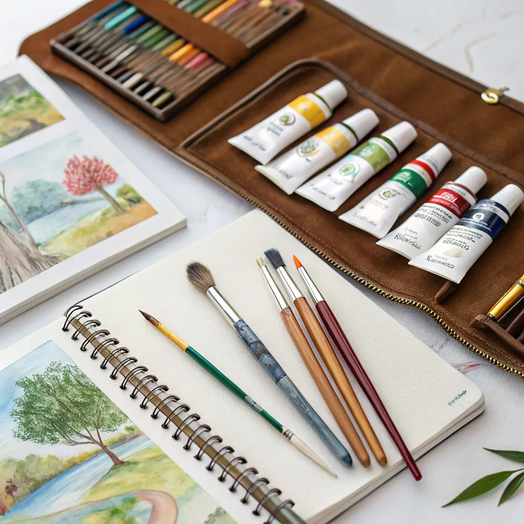 A collection of artistic tools like brushes, paint, and sketchbooks