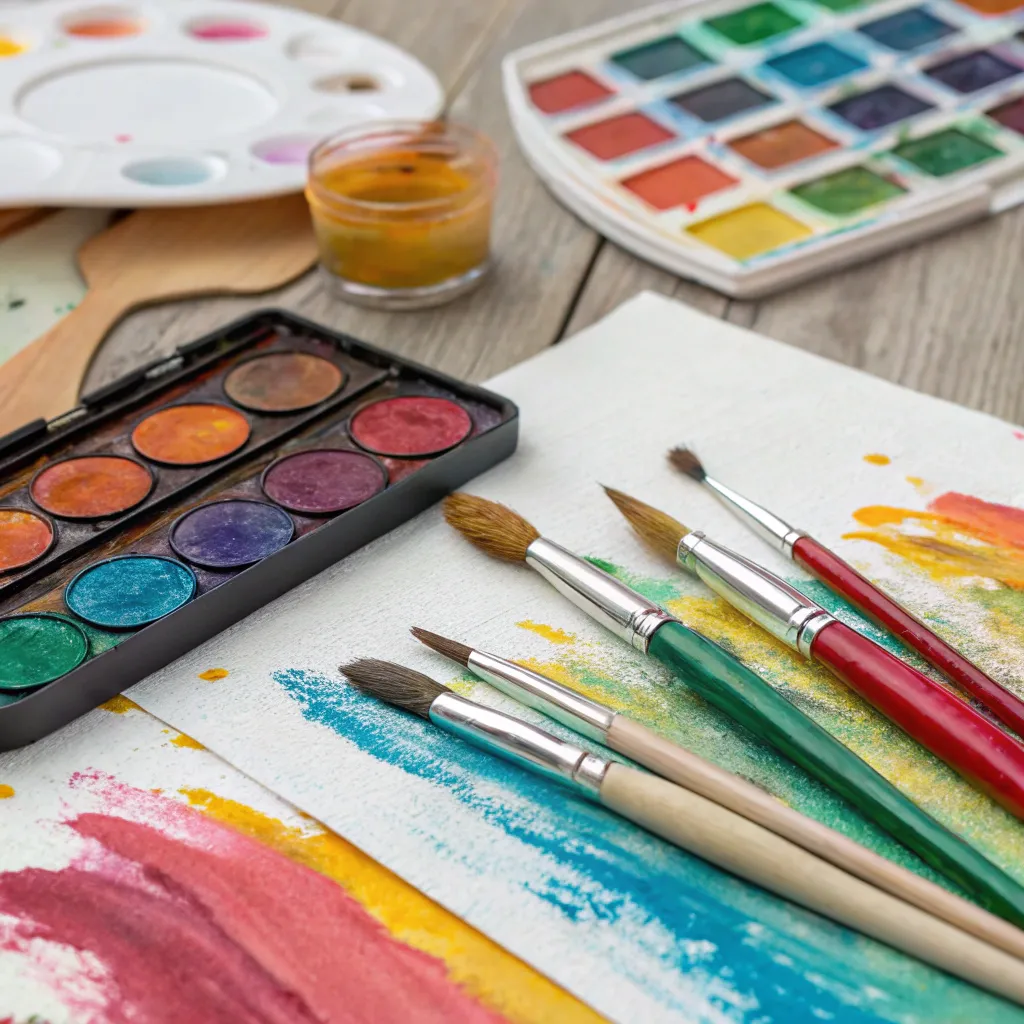 Colorful canvas with brushes and paints